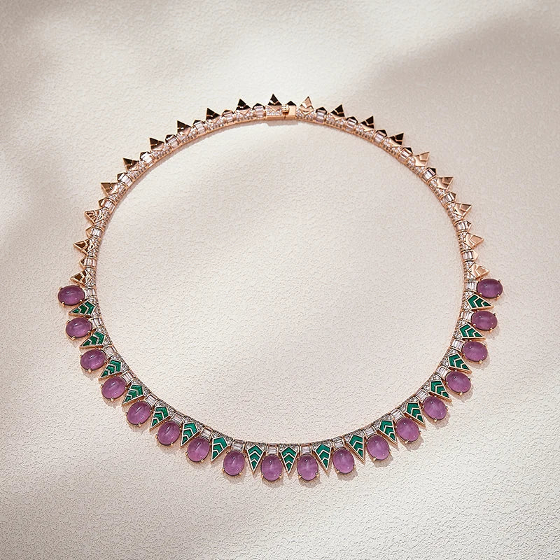 Bohemian Style Triangular Spike Green Enamel Grape purple Necklace Earrings 2-piece Set, High-quality Brass Zirconia  Jewelry