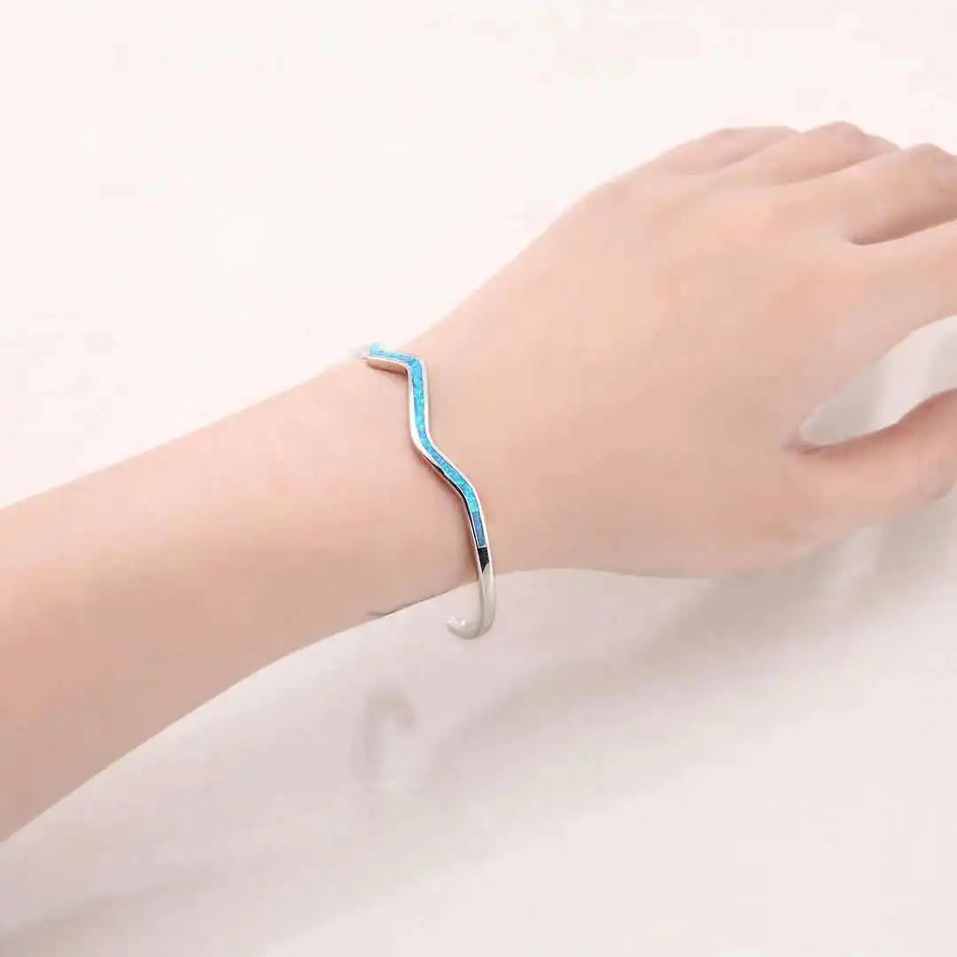 Hawaiian Blue Opal Beaded Bracelet | Trendy Brass Wavy Line Design Fashion Open Cuff Jewelry