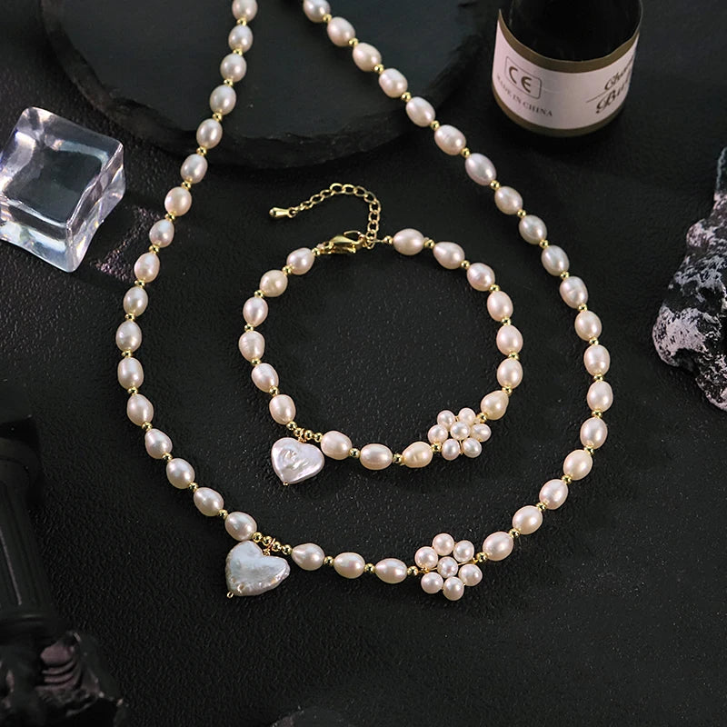 GLSEEVO Natural Freshwater Pearl Heart Flower Jewelry Set for Wedding Bridal White Pearl Necklace Bracelet Set Fashion Jewelry