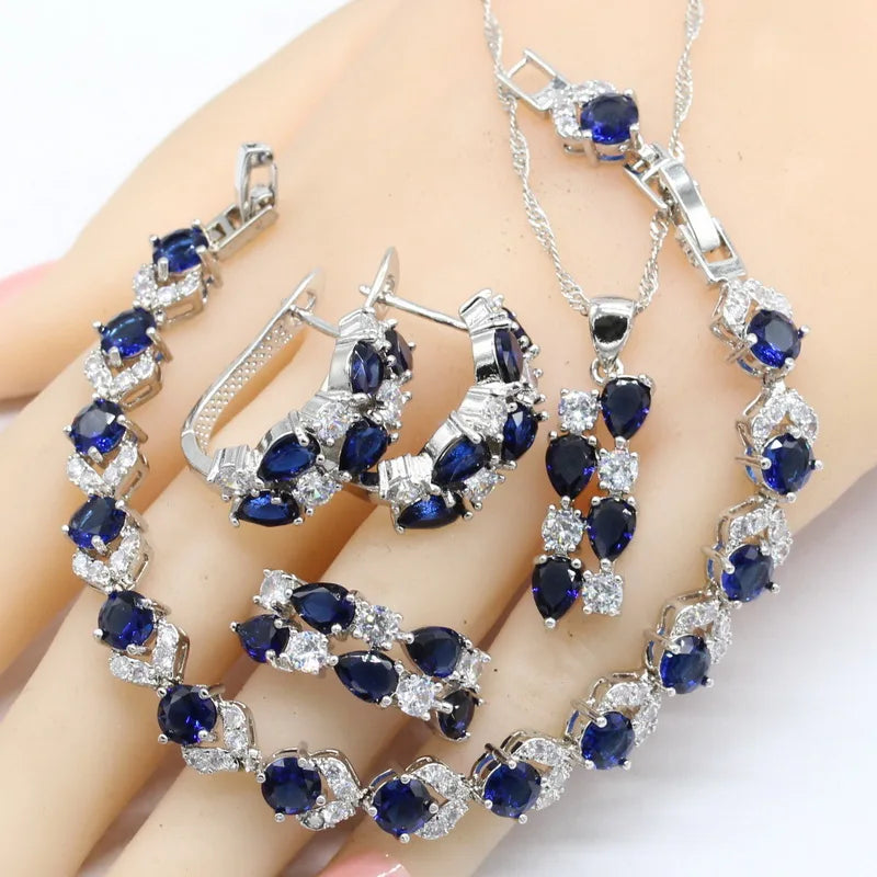 XOTICA Dark Blue Sapphire 925 Silver Jewelry Set for Women Hoop Earrings Bracelet Rings Necklace Pendant for Parties Weddings Birthday
