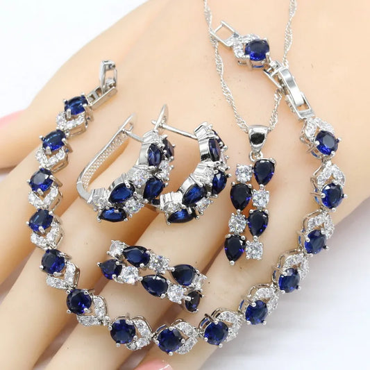 Dark Blue Sapphire 925 Silver Jewelry Set for Women Hoop Earrings Bracelet Rings Necklace Pendant for Parties Weddings Birthday