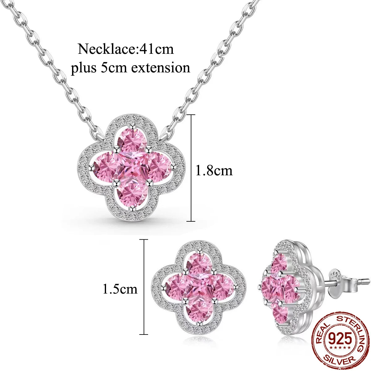 Real 925 Sterling Silver CZ Jewelry Set Pink Zircon Flower Dangle Pendant Stud Earrings Jewelry Set for Women Brides Daily Wear