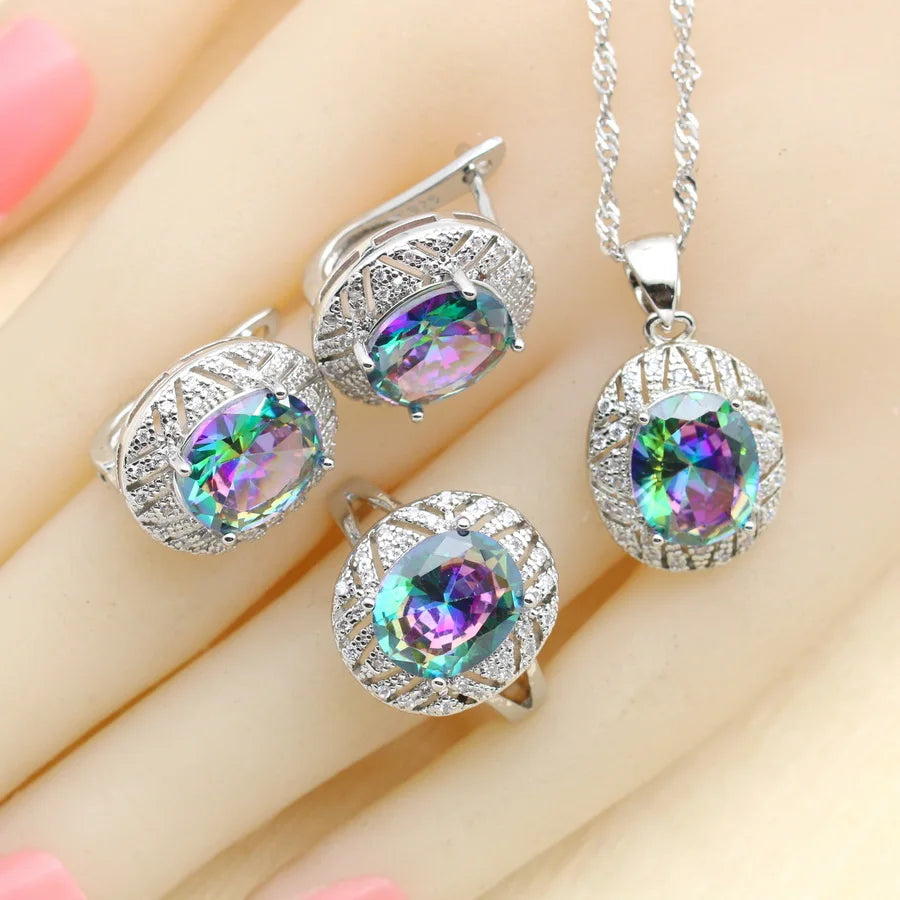 XOTICA 925 Silver Jewelry Sets for Women Rainbow Zirconia Bracelet Earrings Rings Necklace Pendant with Clip for Wedding Party Gift