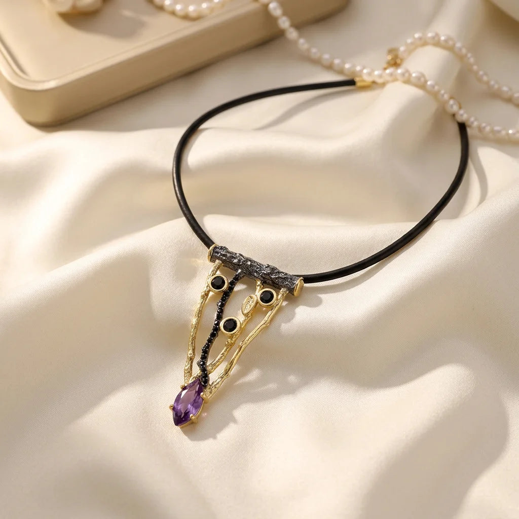 Wholesale PERFECT Classic Tree Branch Design Triangle Fine Silver 18K Gold Plated Jewelry Pendant with Amethyst for Unisex