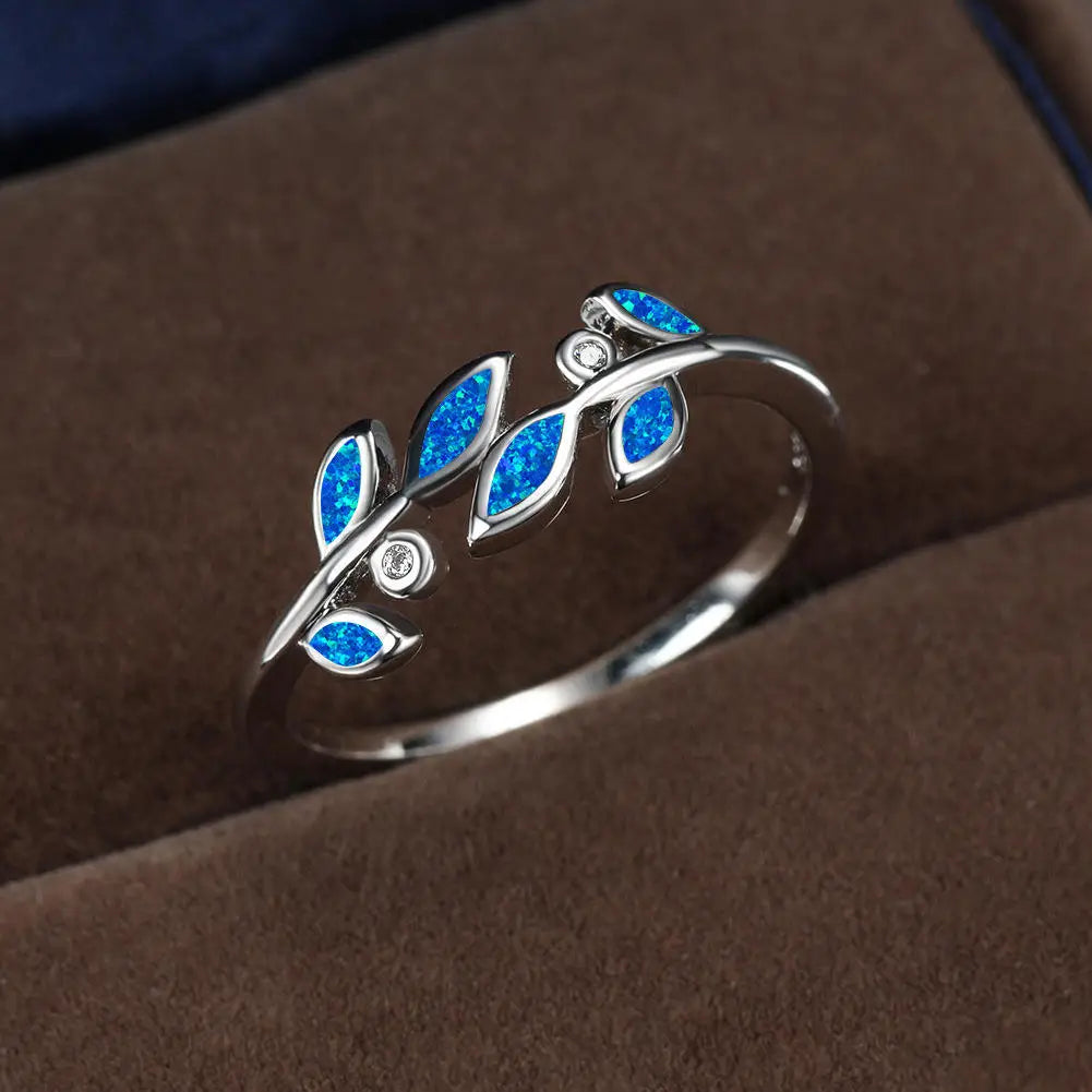 Flower-Shaped Blue Opal Twisted Tiny Ring | Iridescent Gem Inlay Band | Modern Silver/Gold Plated Women's Trendy Fashion Jewelry
