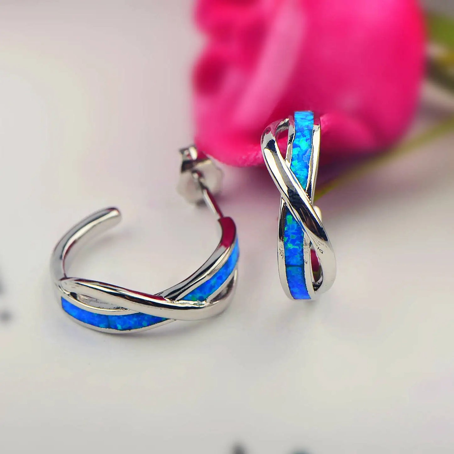 Eternal Twist Opal Huggie Earrings - Blue Fire Opal Inlaid Infinity Design | Minimalist Meaningful Jewelry Bulk Gifts