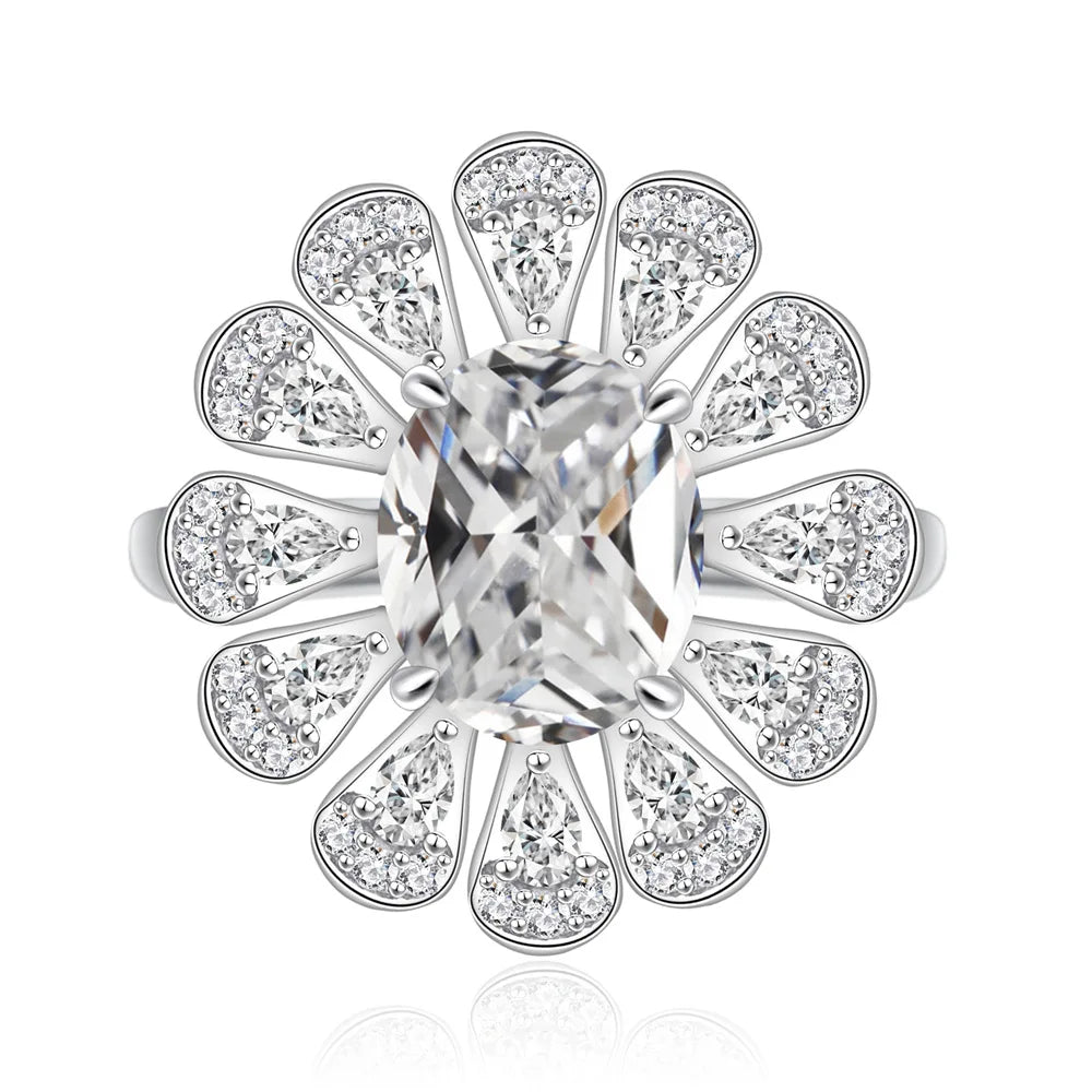Silverelli | 925 Silver Flower Inlaid Egg-Shaped Zircon Ring | Rhodium Plated | Pave Setting