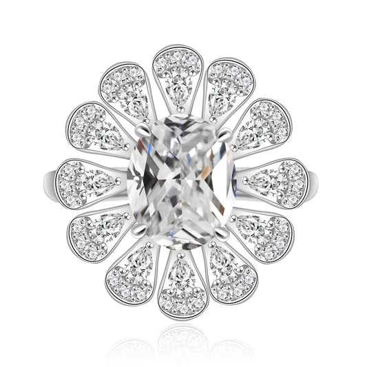 Silverelli | 925 Silver Flower Inlaid Egg-Shaped Zircon Ring | Rhodium Plated | Pave Setting