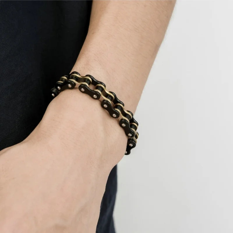 REBEL Hiphop Biker Chain Bracelet Jewelry Sturdy Two Tone Polished Hand Bracelet for Teen Boys Stainless Steel Men Bracelets
