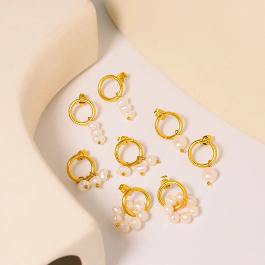 Hypoallergenic Stainless Steel 18K Gold Plated Earrings Freshwater Pearls Baroque Knot Dangling Hoop Earrings for Girls