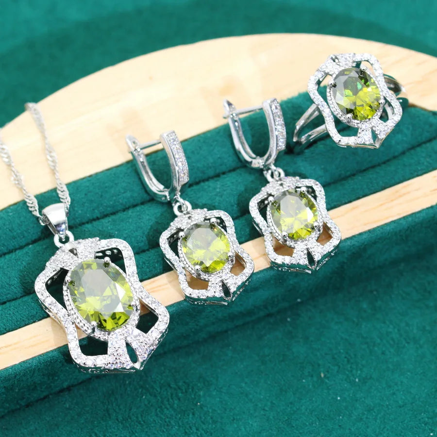 XOTICA 2024 New Classic 925 Silver Jewelry Set Olive Green Zircon Wedding Bracelet Pendant Ring for Women's Engagement Birthday Gifts