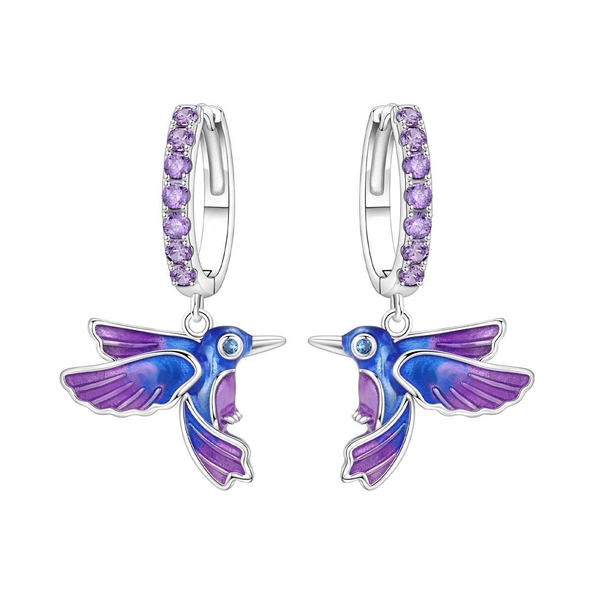 Shining Single Row Zircon Paved Gradient Blue Purple Enamel Hummingbird Dangle Drop Earrings Copper Silver Plated Women's Trendy