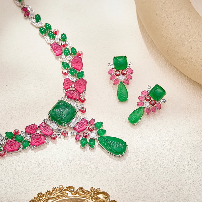 Gorgeous Retro Necklace Earrings Ring 3-piece Set Carved Embossed Pattern  Colorful Zircon Dubai Luxury Brass Jewelry