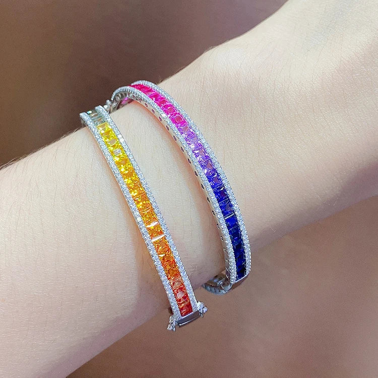 ArtistA ANSTER Silver Bracelets 925 Sterling Women Colorful Rainbow CZ Corundum Bangle