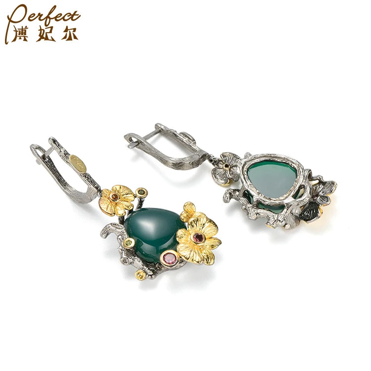Best Selling Fashion Dangle Green Agate Round Vintage Fine Jewelry 925 Sterling Silver Earrings