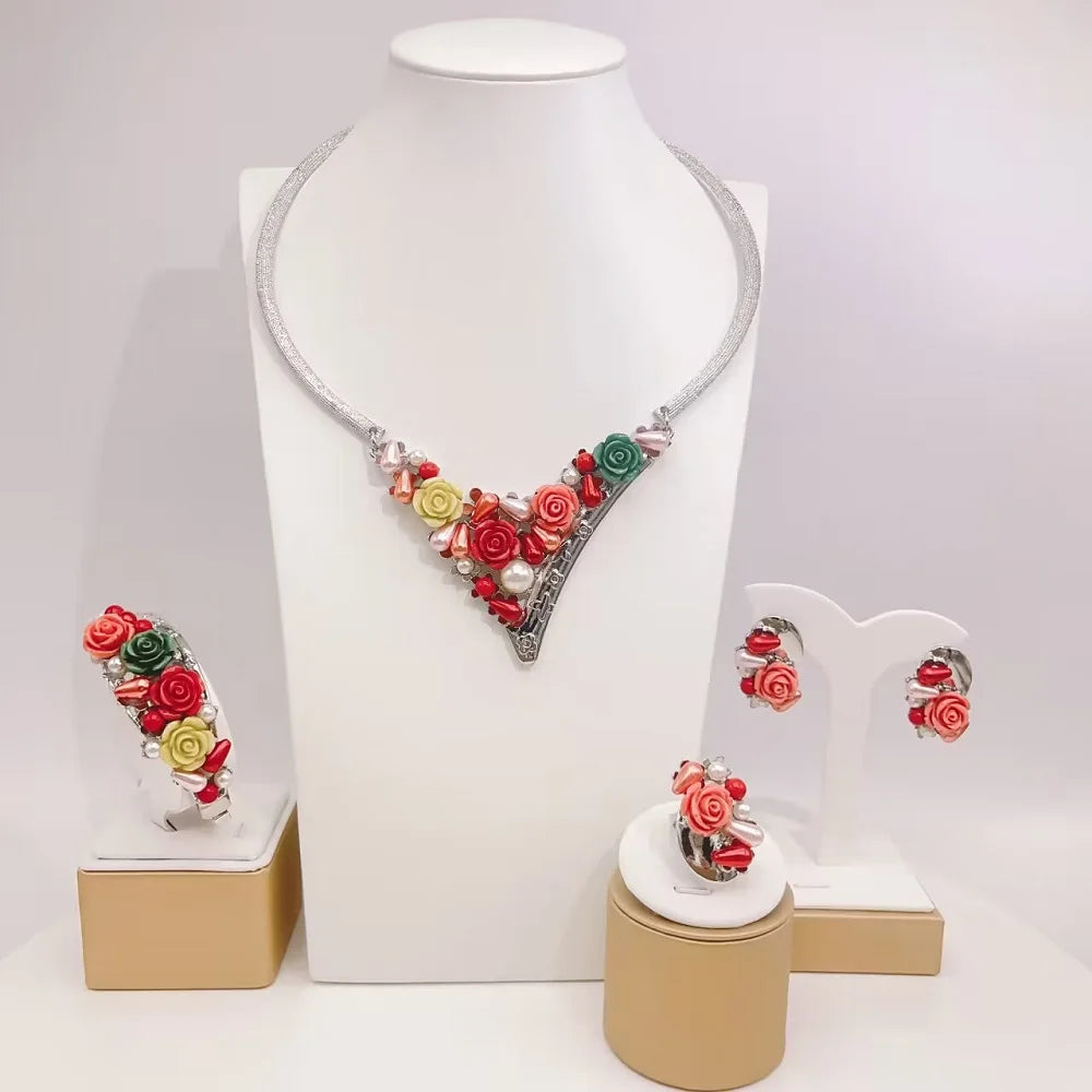 Zhuerrui Italian Gold Luxury Wedding Jewelry Sets Multi Color Flowers Necklace Bracelet Jewellery Set High-end Luxury H00707