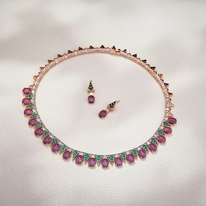 Bohemian Style Triangular Spike Green Enamel Grape purple Necklace Earrings 2-piece Set, High-quality Brass Zirconia  Jewelry