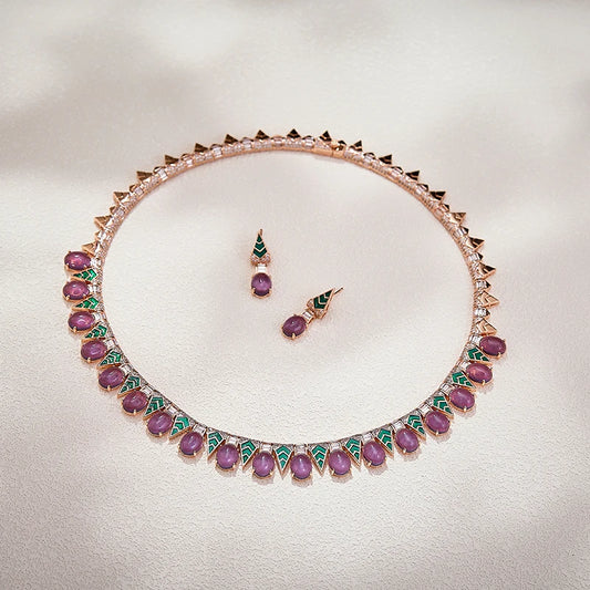 Bohemian Style Triangular Spike Green Enamel Grape purple Necklace Earrings 2-piece Set, High-quality Brass Zirconia  Jewelry