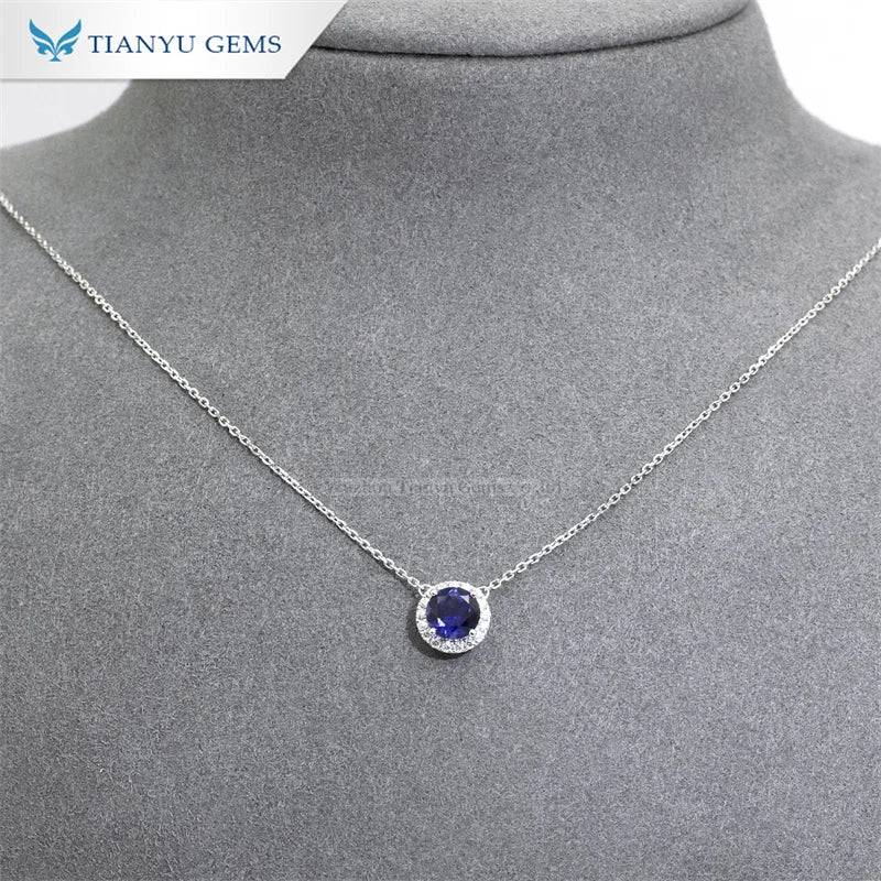 Gemfiori Tianyu Gems Solid Gold Pendant Necklace Ladies 6mm Lab Grown Blue Sapphire 1.2mm VVS Moissanite Choker Pendant Necklace 14K