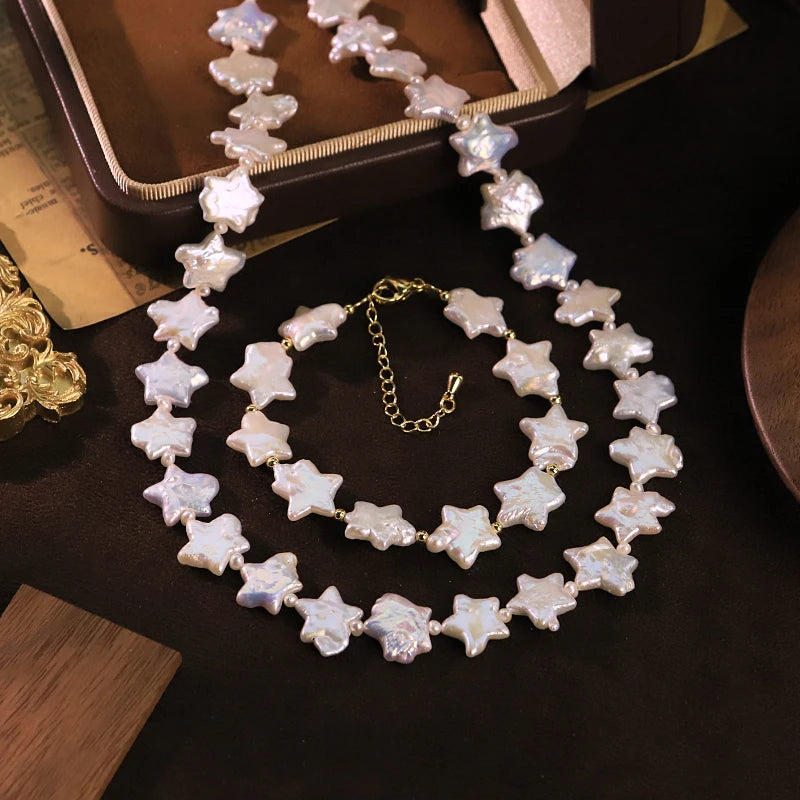 GLSEEVO Natural Star Shaped Baroque Pearl Jewelry Set for Women Birthday Gift Starry Pearl Necklace Bracelet Set Fashion Jewelry