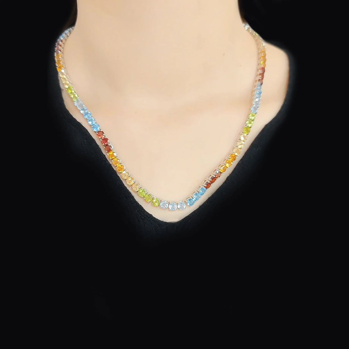 Gemfiori Abiding Western Fashion Unisex 925 Silver Hip Hop Jewelry Tennis Choker Rainbow Natural Gemstone Tennis Necklace 5mm 20IN