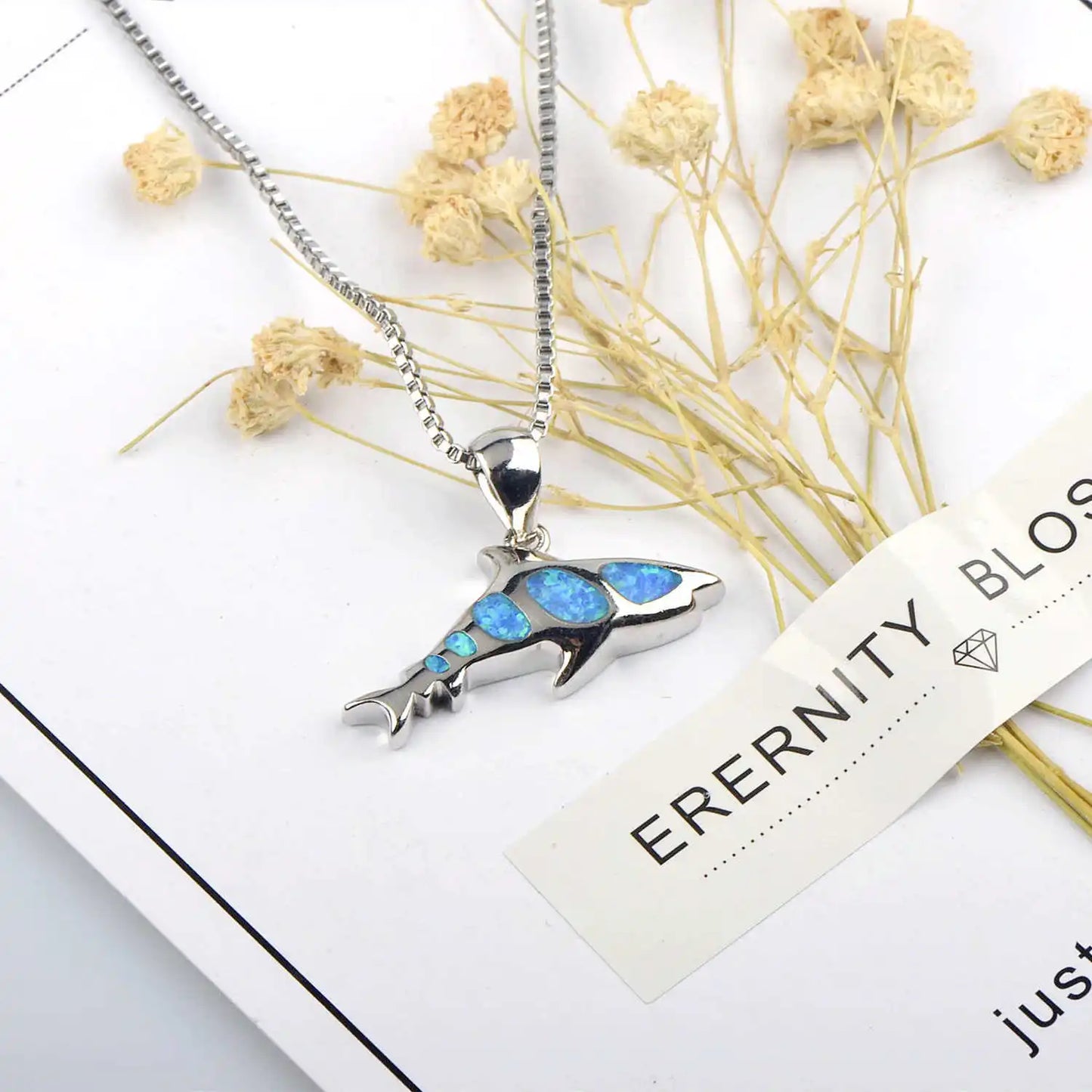 European & American Fashion Trendy Silver Plated Copper Shark Pendant Necklace Blue Opal Ocean-Inspired Sweater Chain for Women