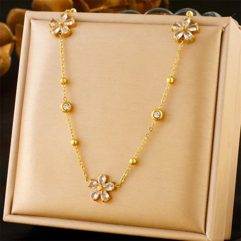 Gold Zircon Flower Necklace, Earrings & Bracelet Jewellery Set | Sparkling Luxury Set