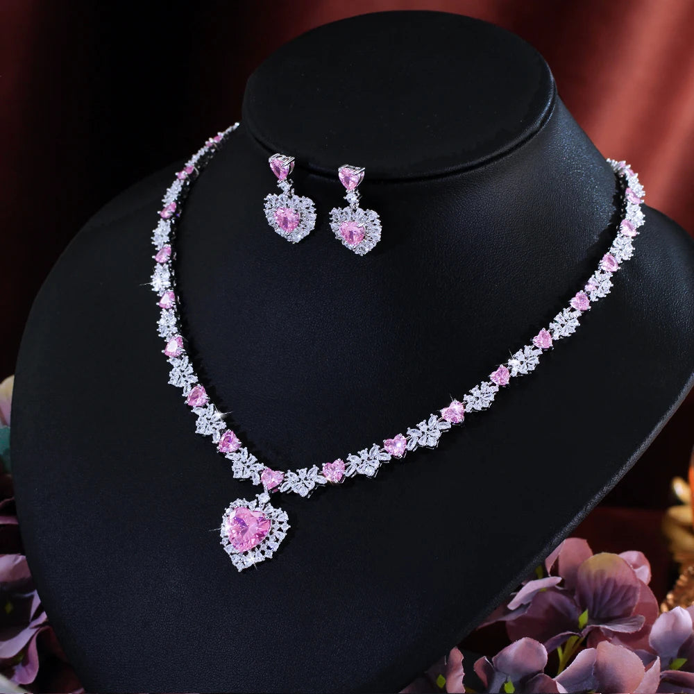 Delicate Sparkling Pink White Cubic Zirconia Bridal Wedding Party Love Heart Earrings and Necklace Jewelry Set for Women