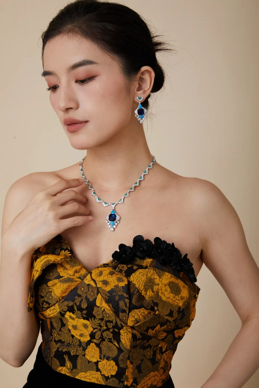 Luxury Blue Turquoise Zirconia Claw-Set Long Chain Pendant Necklace & Earrings Set — Rose Gold & Rhodium Plated