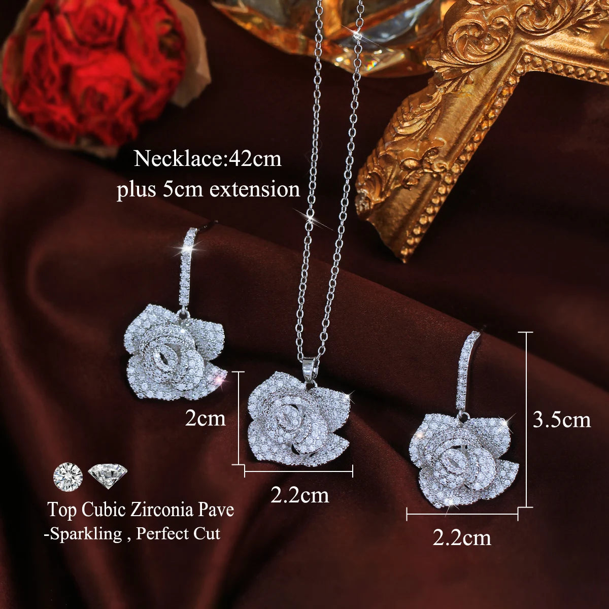 Fashion Brand Geometric Flower Design Cubic Zircon Women Rose Gold Color Earrings Big Pendant Necklace Jewelry Sets for Girls