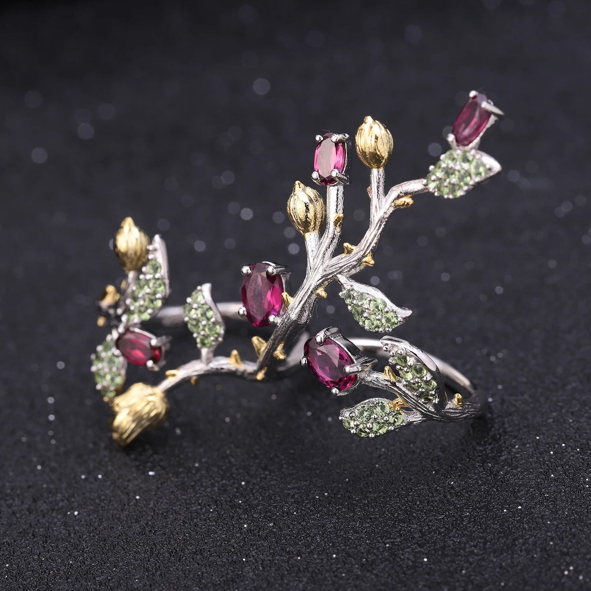 ArtistA Embrace Nature Plant Theme 925 Silver Natural Rhodolite Garnet Leal Bud Branch Earrings & Double Finger Ring Jewelry Set
