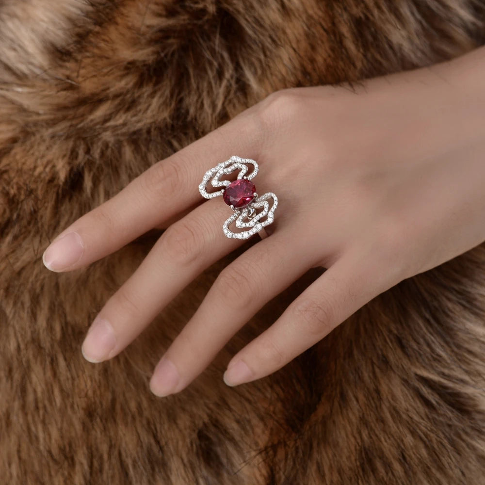 MuShan Jewelry Factory New 2ct Egg Shaped 8*10 Lab Grown Red Gem Ring for Women Auspicious Cloud