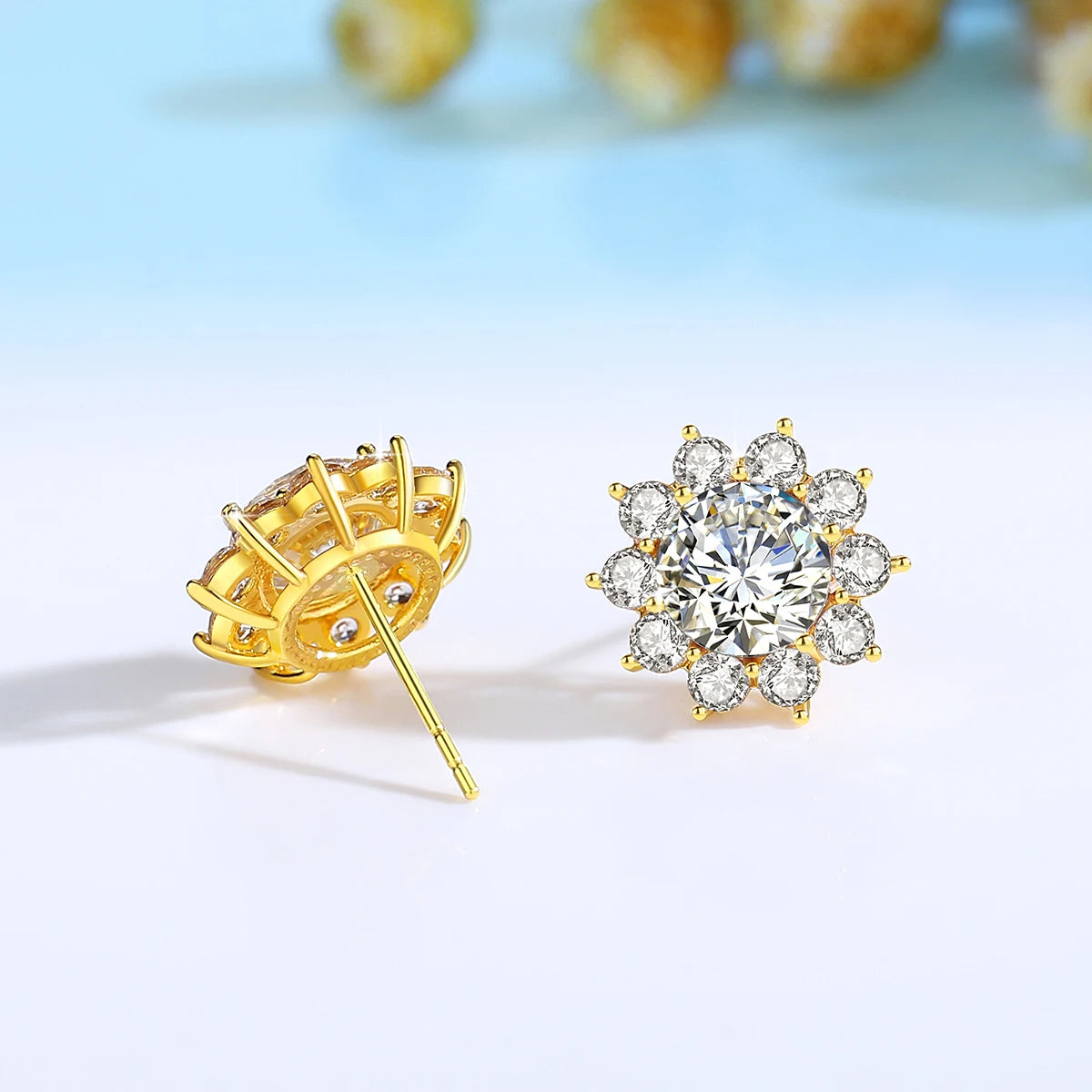 Gioiellieri Fine Jewelry Bijoux Woman Engagement Friendship Gift 1ct Moissanite Halo Sunflower Stud Earrings 14K Gold Hollow