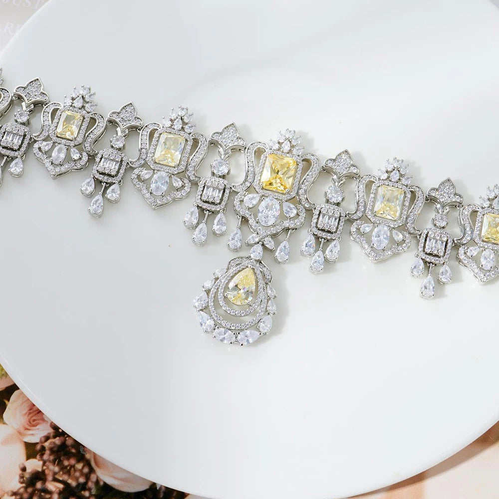 018269 Luxury Color Bridal Choker Necklace with Earrings for Women Cubic Zircon Wedding Jewelry Sets Brides Accessories Indian