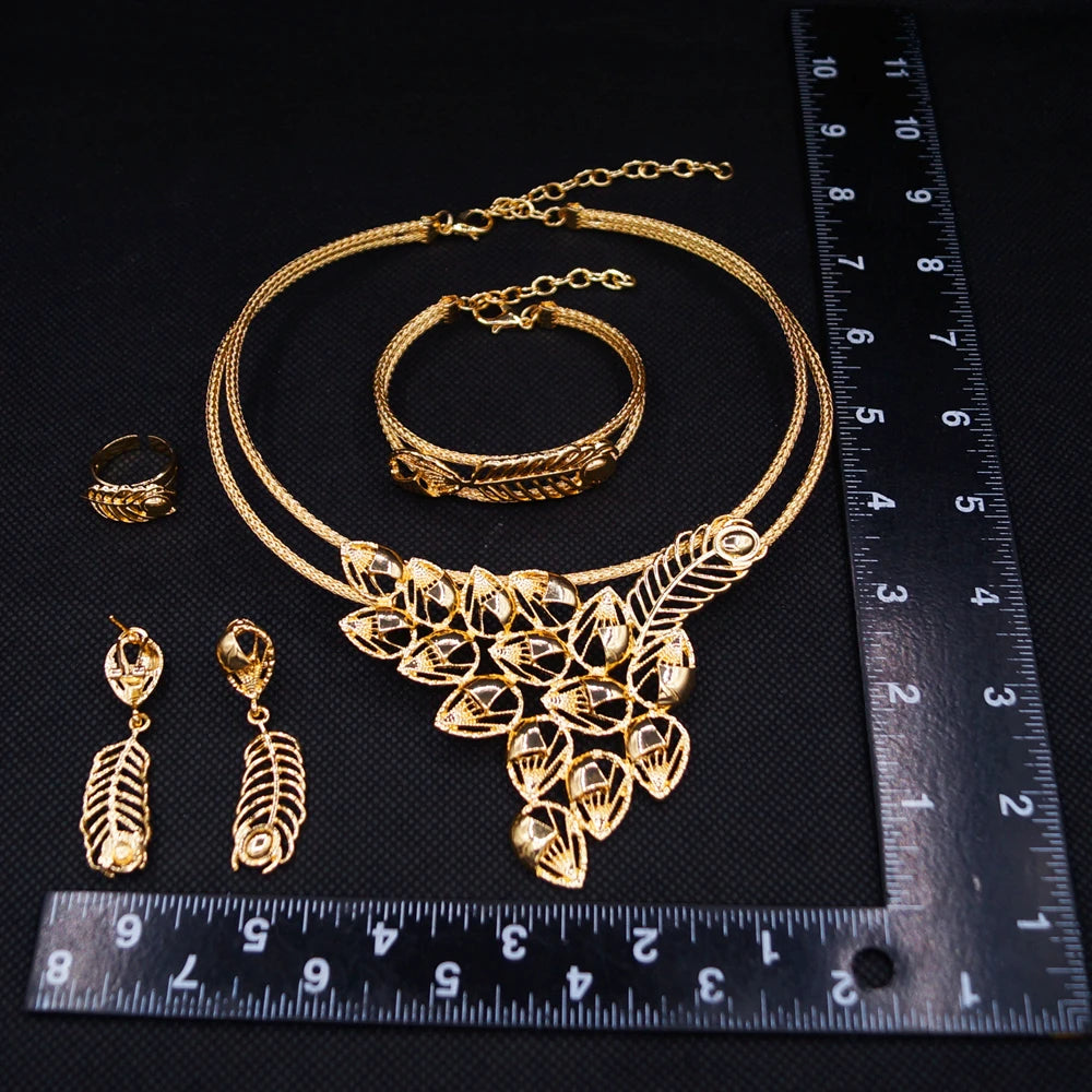 Zhuerrui New Arrival Leaf Design Gold Plated Jewelry Set Women Bride Prom Fashion Necklace Earrings Bracelet Set  X007730