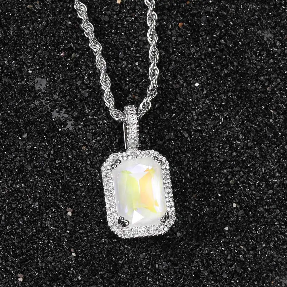 Luxury Bling Cubic Zirconia Jewelry Square Large Gemstone Pendant Necklace  for Men and Women Hip-Hop Sweater Chain Necklace