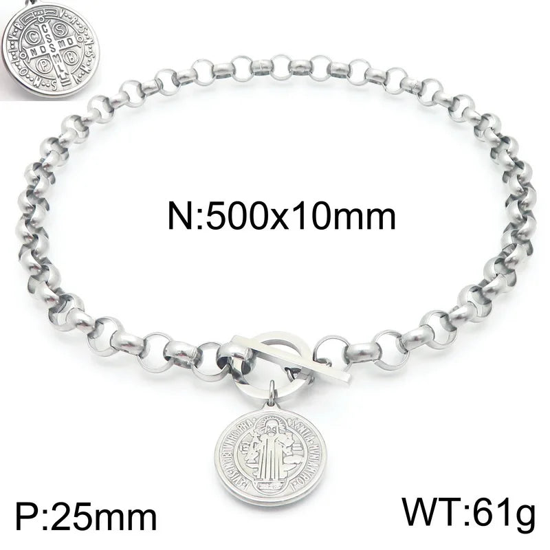 Kalen European and American Portrait Round Pendant Round Bead Chain OT Clasp Hiphop Necklace Stainless Steel Jewelry Set