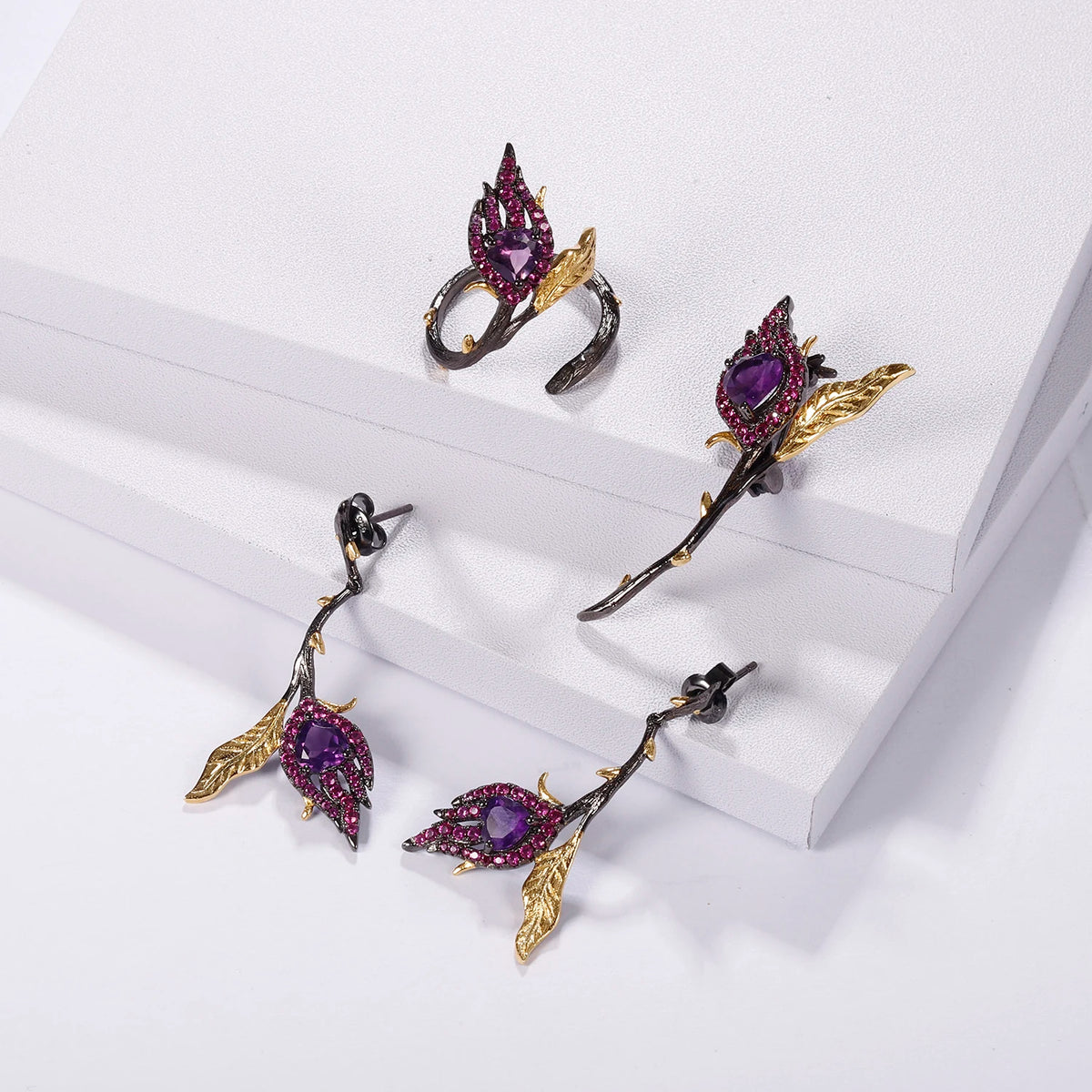 ArtistA Abiding Handmade Romantic Heart Shape Inspired Natural Amethyst Ring Pendant Earrings 925 Silver Women Jewelry Set for Mom Wife