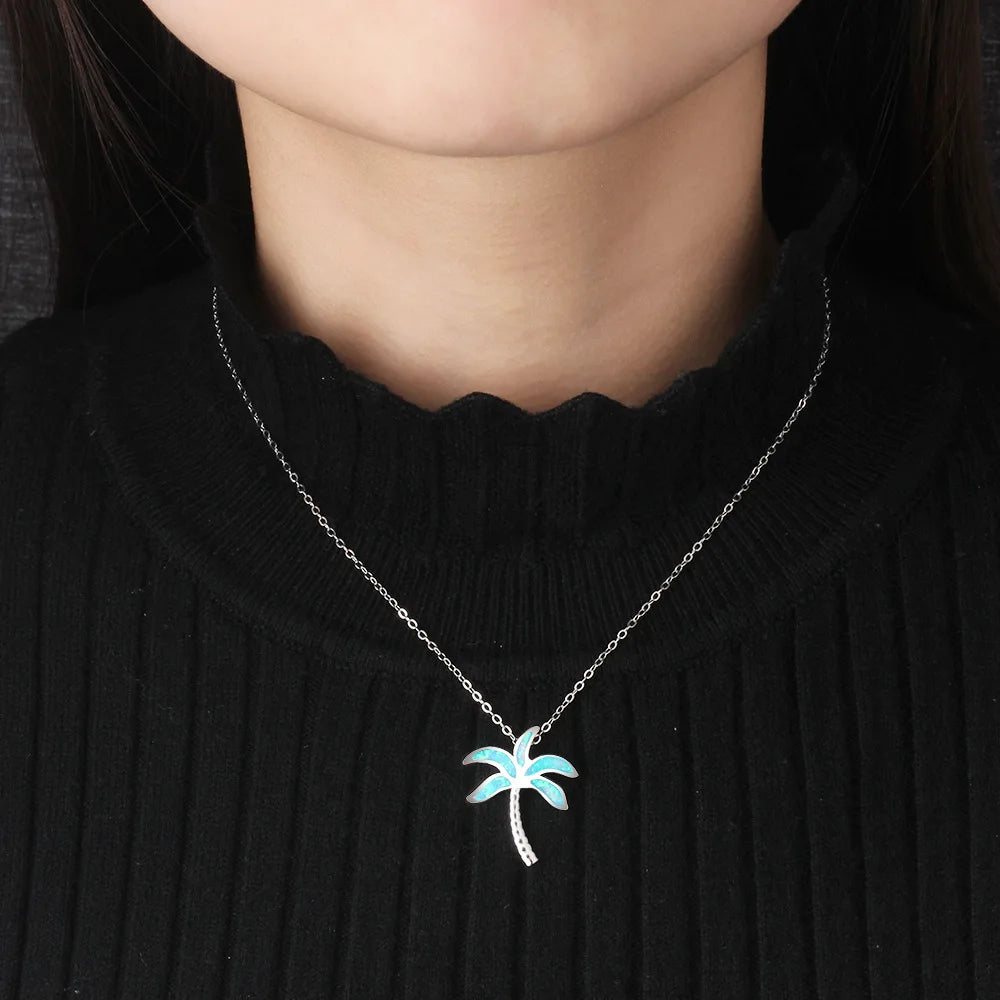 Coconut Palm Silver Plated Copper Alloy Opal Lariat Necklace for Women Aobao