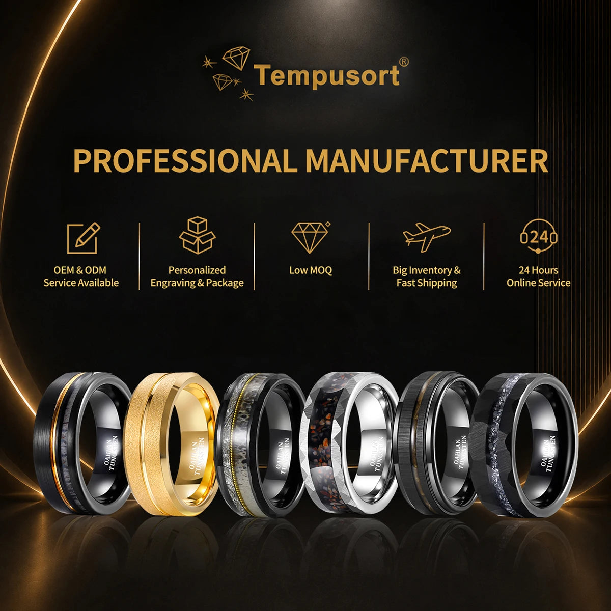 Tempusort Fashion Jewelry 8mm Black Hammer Pattern Tungsten Carbide Ring for Men Wedding Anniversary Gifts Wholesale