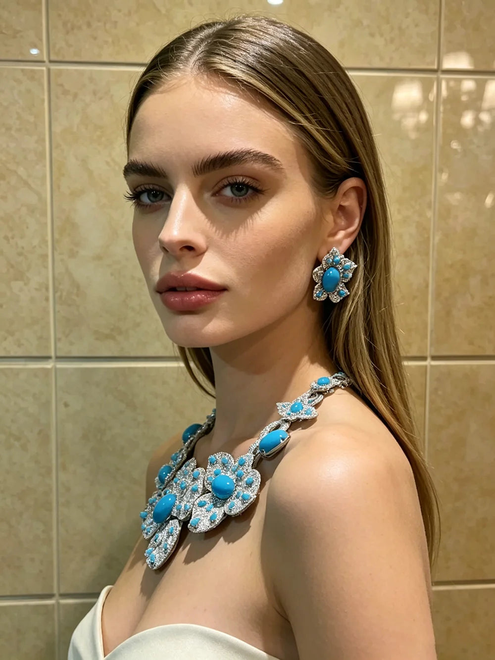 XM S413 Silver Plated Large Floral Turquoise & Rhinestone Choker Necklace & Square Drop Earrings Set