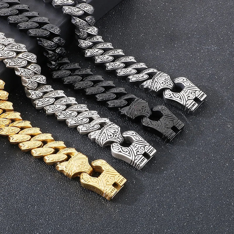 REBEL Fine Jewelry Fashion Cuban Bracelets Men Stainless Steel Nordic Skull Bracelet Homme