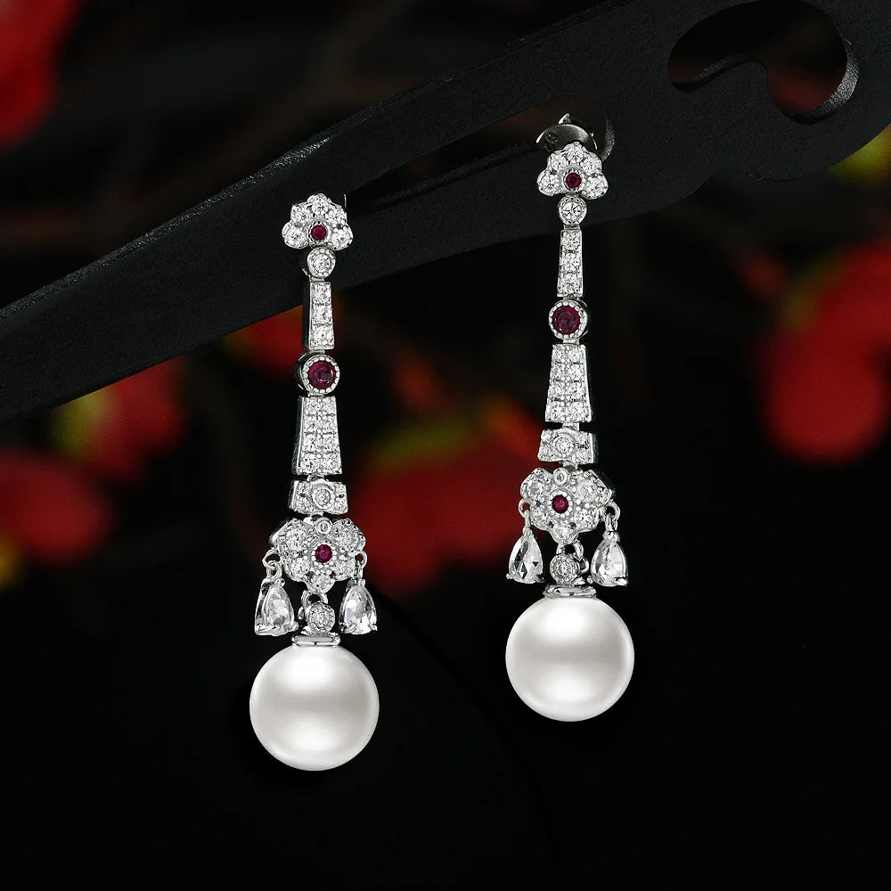 MUSHAN Jewelry Factory Live Streaming Style 925 Silver Round Beaded Half Hole White 10mm Chinese Style National Trend Earrings