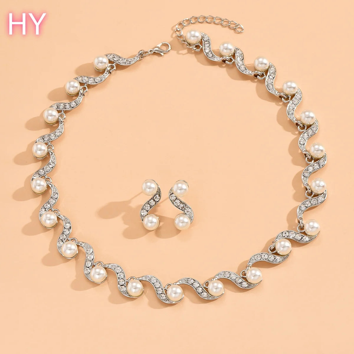 HY   Hot-selling Women Fashion Jewelry Sets Silver Gold Rhinestone Pearl Banquet Necklace and Earrings Set for Wedding