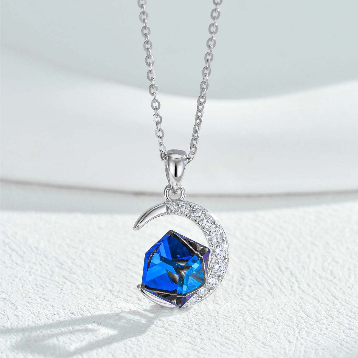 ArtistA OEM ODM 925 Sterling Silver Blue Austrian Crystal Moon Jewelry Set Necklace Stud Earrings for Women Anniversary Wedding Gift