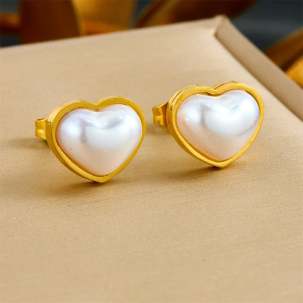 High Quality Fashion Stainless Steel Heart Necklace Earrings and Bracelet Set with Pearl Women Exquisite Gold Jewelry Set
