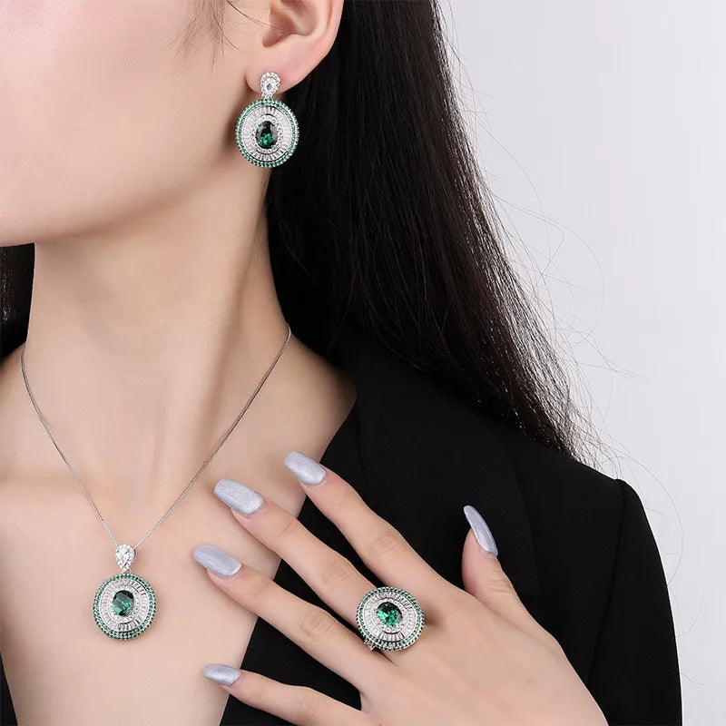 Gemfiori European and American Luxury Jewelry Set with Egg Shaped Emerald Zircon Pendant Ring Earrings High-end Accessories