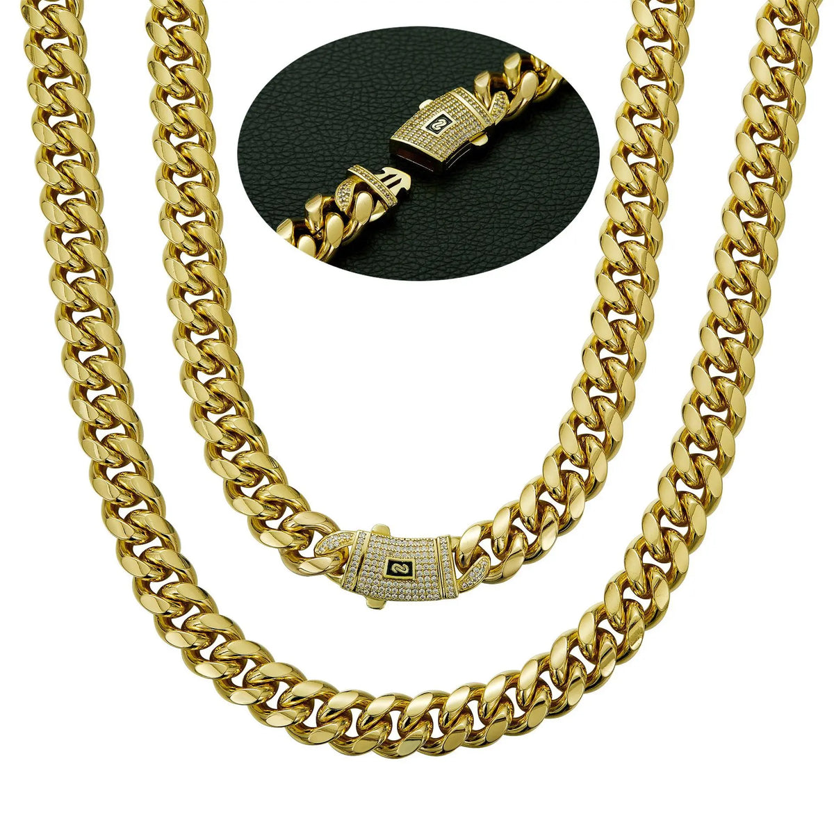 S&S Hip Hop Hot Design Stainless Steel 14K Gold Plated Zircon Monaco Chain 6/8/10/12/14/16mm Miami Cuban Link Chain for Women Men