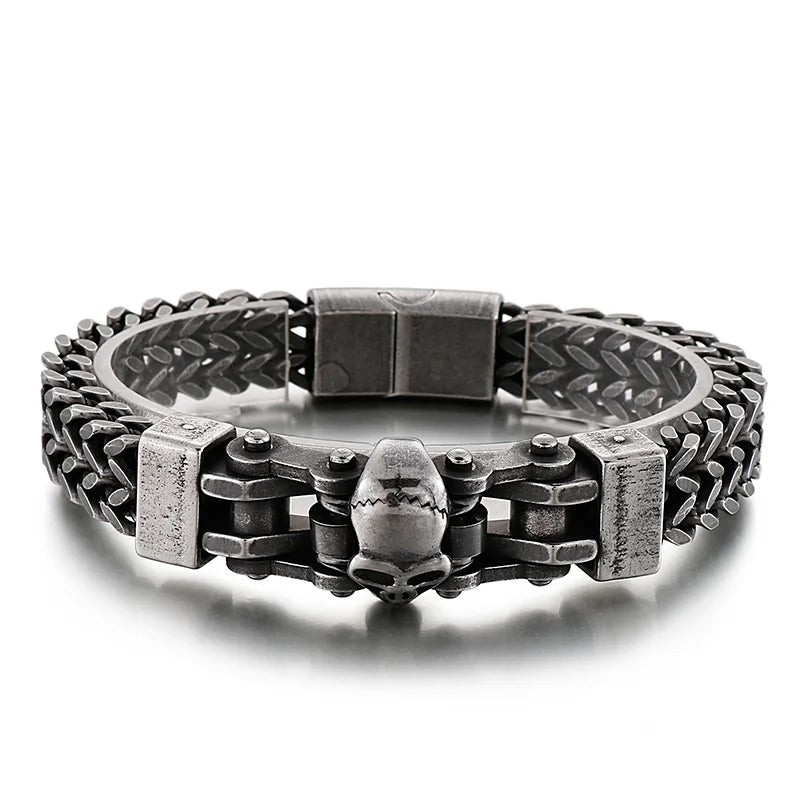 KALEN Punk Fine Jewelry Fashion Bracelets Men Stainless Steel Skull Berringbone Links Bracelet Bangle
