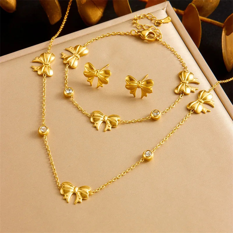Gold Crystal Bow Knot Necklace, Earrings & Bracelet Jewellery Set | Sparkling Classic Set